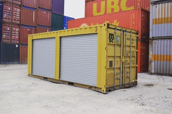 Yellow 20ft Shipping Container with Dual Side Roll-Up Doors – Modified Storage Unit